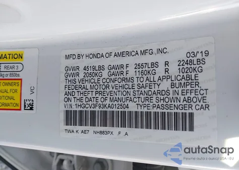 2019 Honda Accord Hybrid Touring из США, поврежденный, VIN 1HGCV3F93KA012504